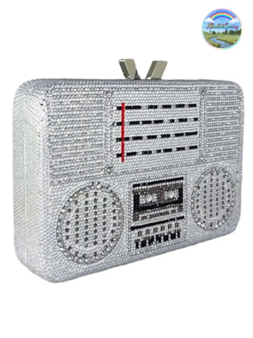 Crystal Rhinestone Evening Clutch Metal Frame Satin Boombox Chain Strap Purse